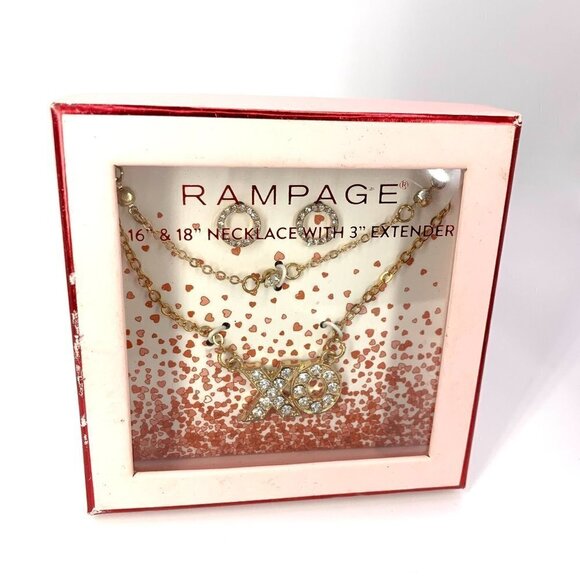 Rampage XO Double Strand Necklace & Earring Boxed Set Goldtone Rhinestone 16-18" - Picture 2 of 5